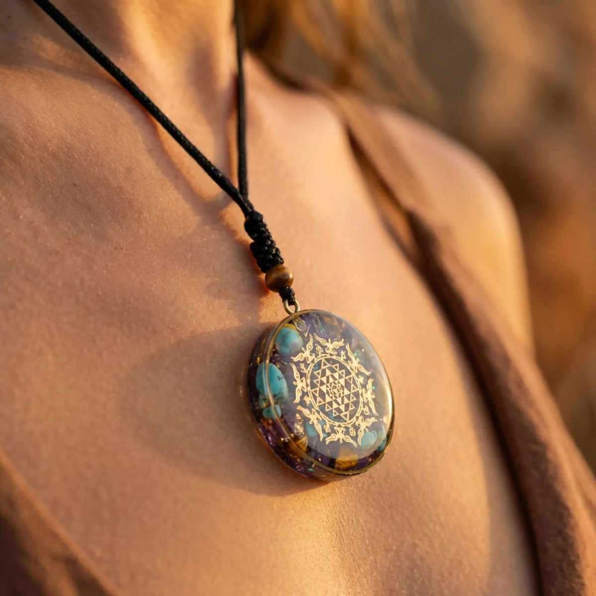 "Golden Geometry" Orgonite Pendant in Turquoise & Tiger's Eye
