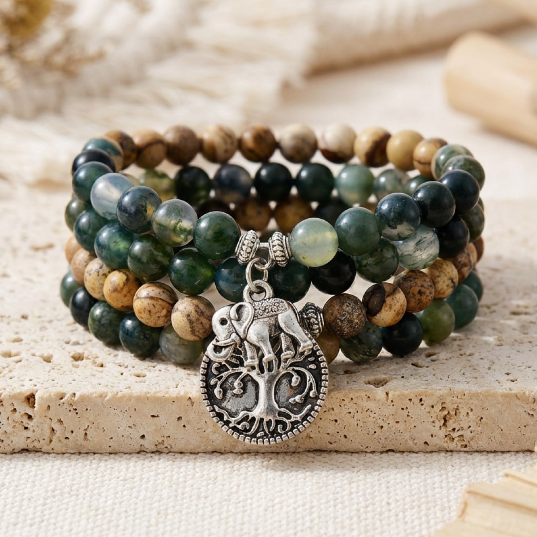 "Gaia" Mala Bracelet in Moss Agate & Picture Jasper
