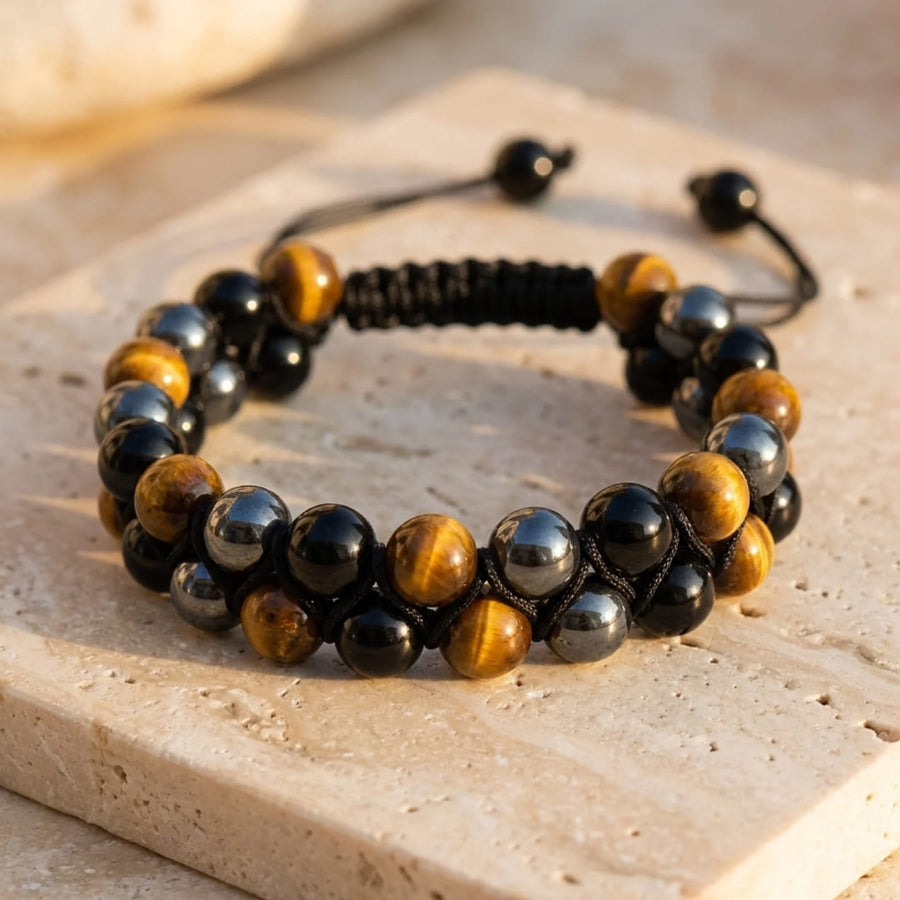 "Triple Protection" Braided Bracelet in Hematite, Tiger's Eye & Obsidian