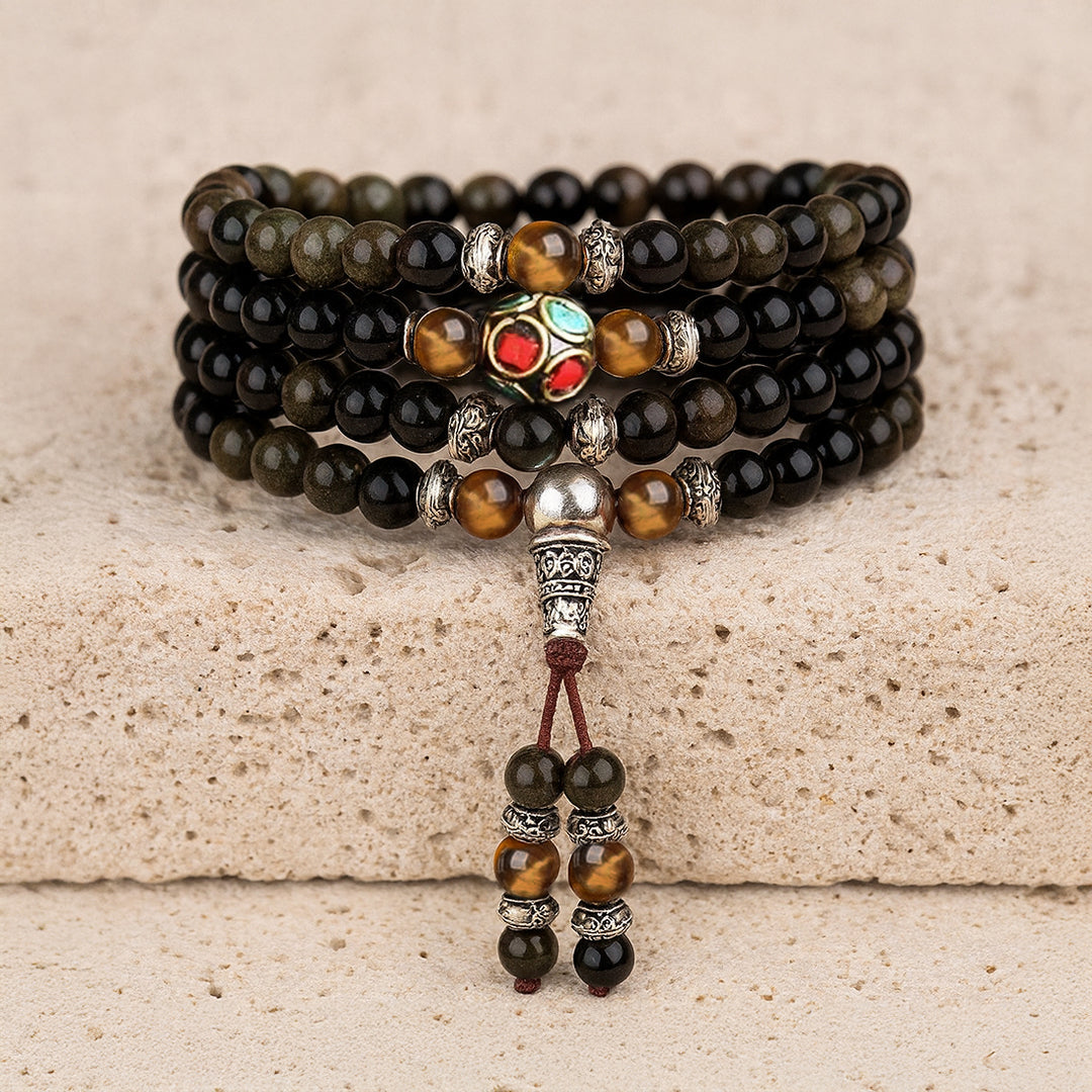 108-Bead Mala Bracelet in Black & Golden Obsidian