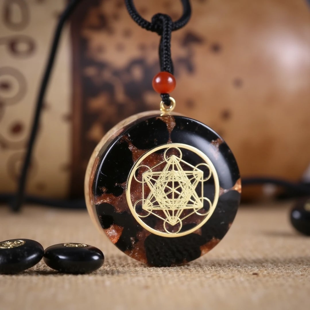 "Thirteen Circles" Orgonite Pendant in Obsidian & Garnet