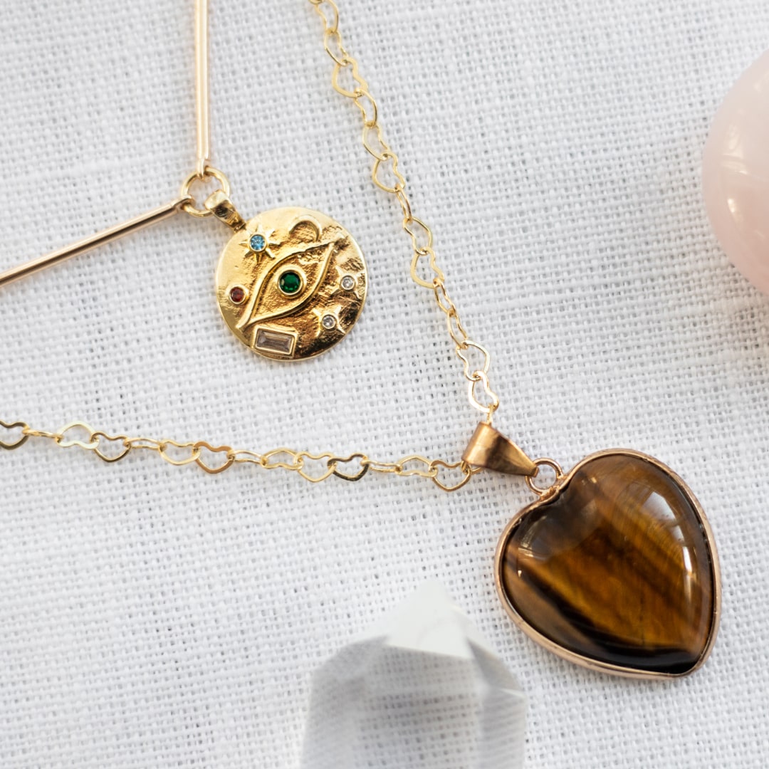 "Protective Heart" Double-Strand Necklace in Tiger's Eye