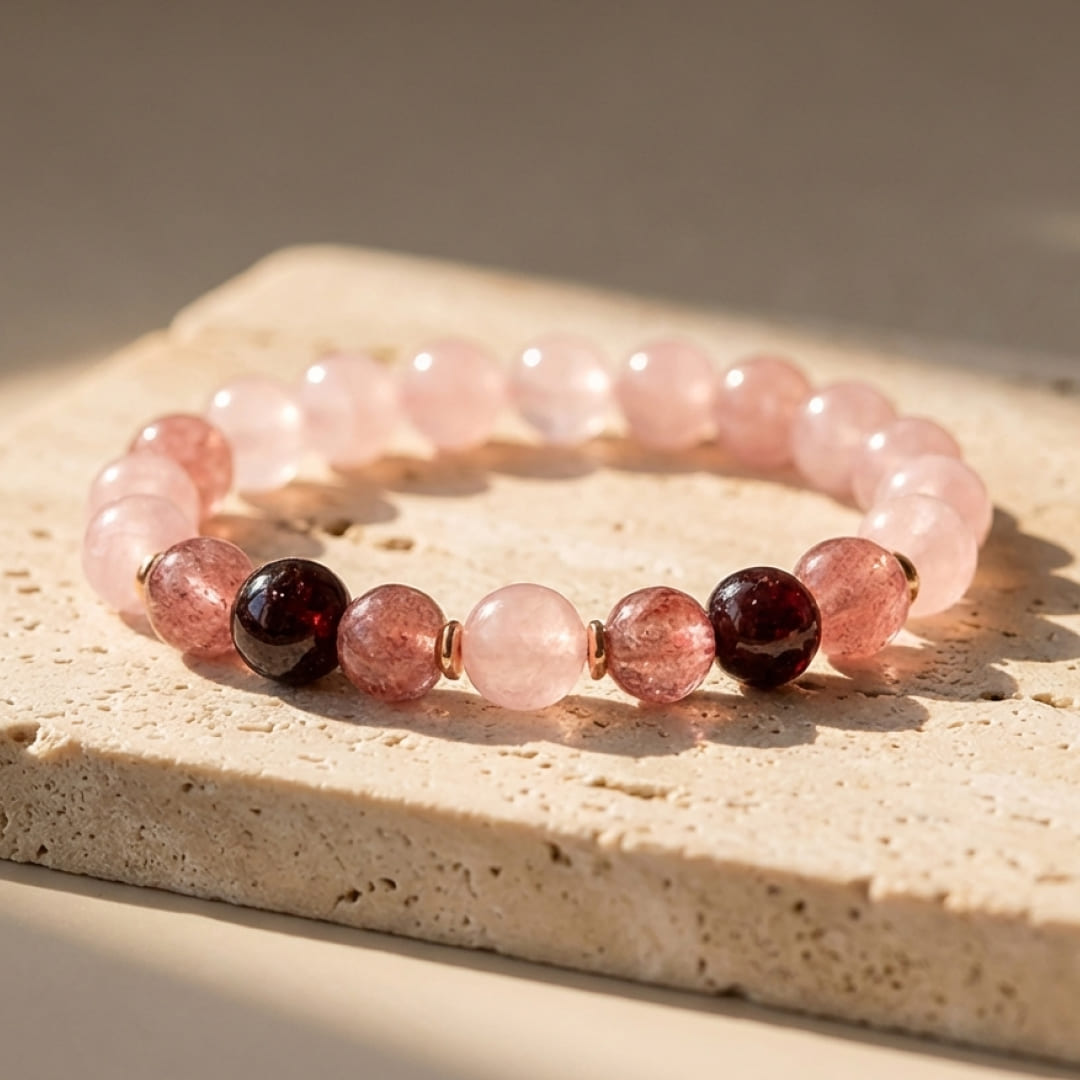 "Infinite Love" Bracelet in Rose Quartz, Garnet & Strawberry Quartz