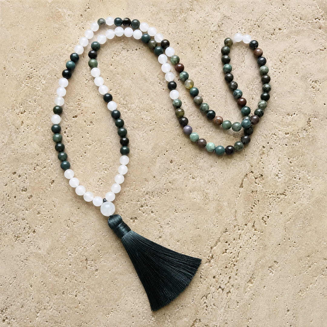 "Path of Light" Mala Necklace in Indian Agate & White Quartz