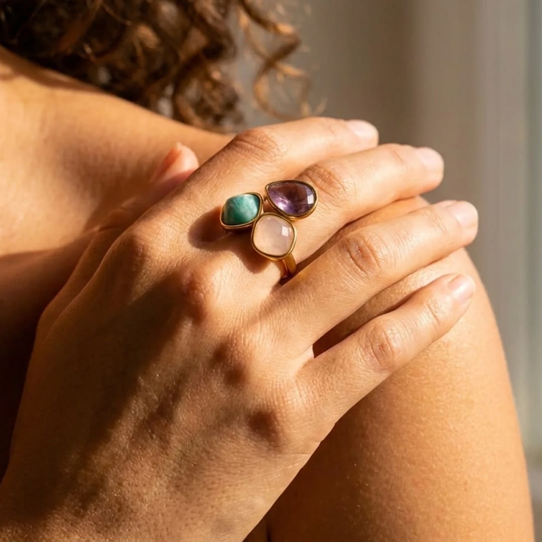 "Kalyani" Ring in Amazonite, Rose Quartz & Amethyst