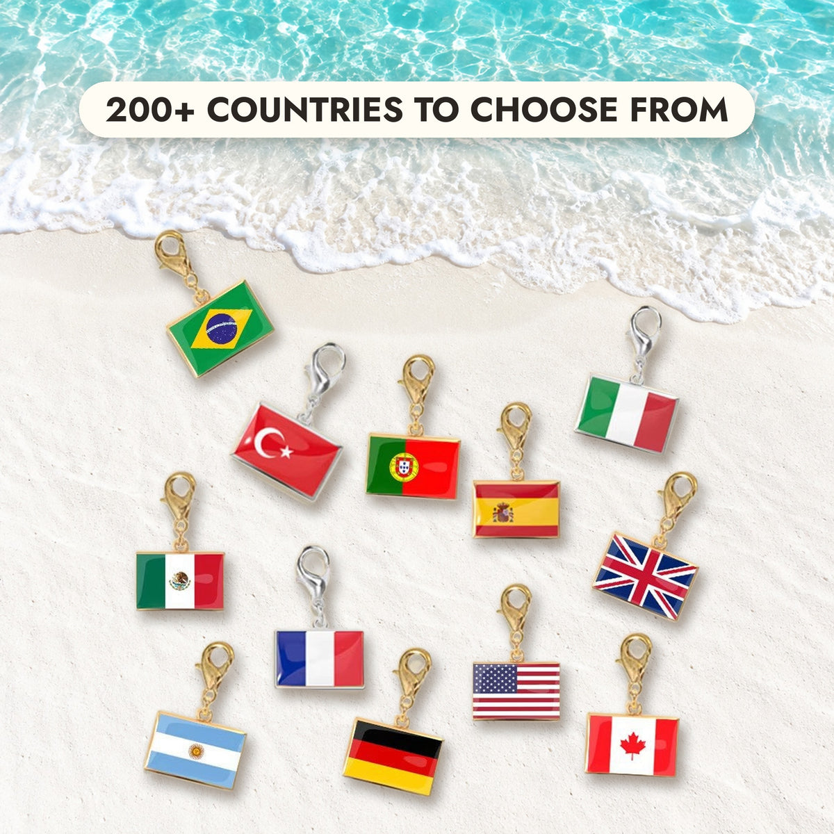 Flag charms on a white-sand beach: 200+ countries to choose from