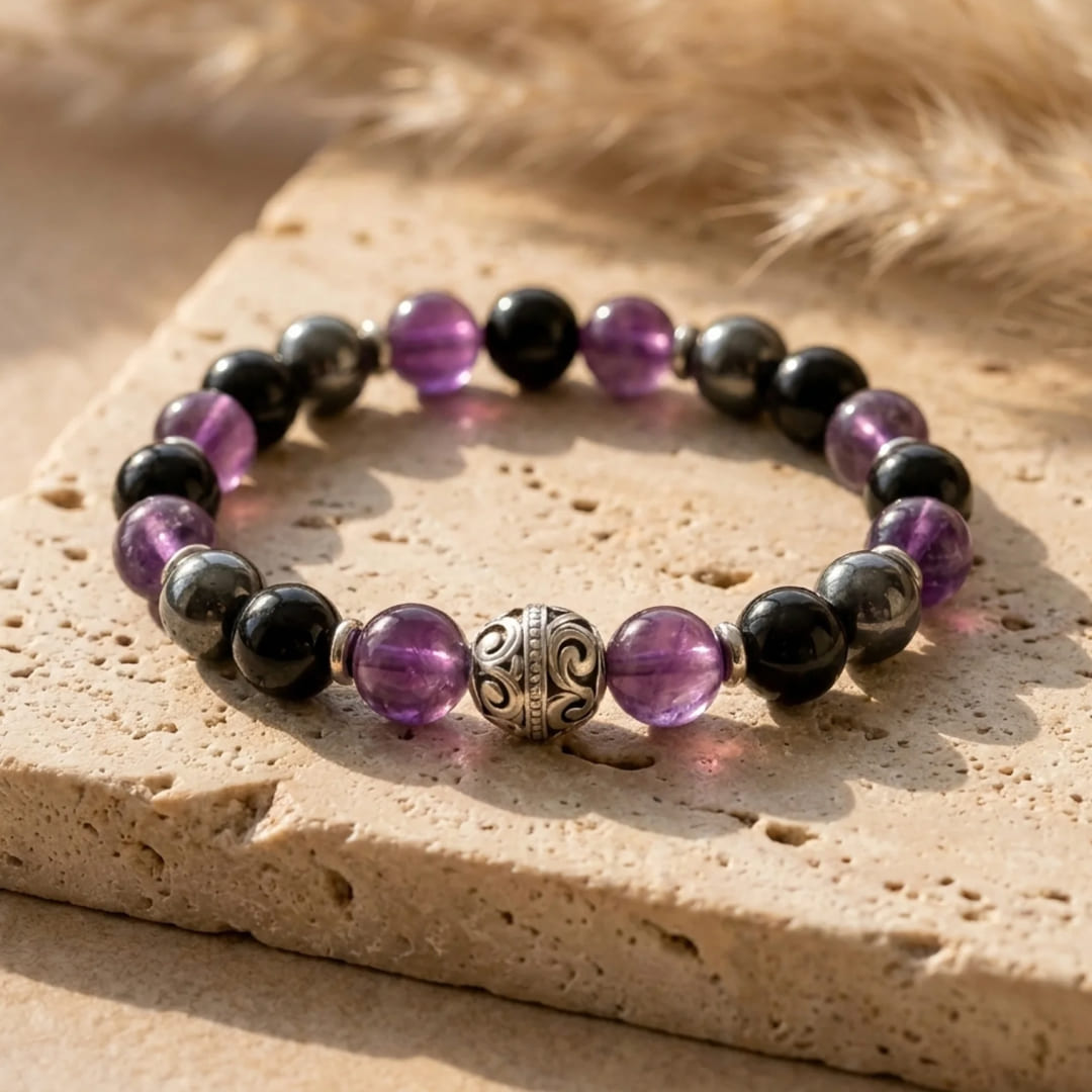 "Protective Bubble" Bracelet - Amethyst, Hematite & Obsidian