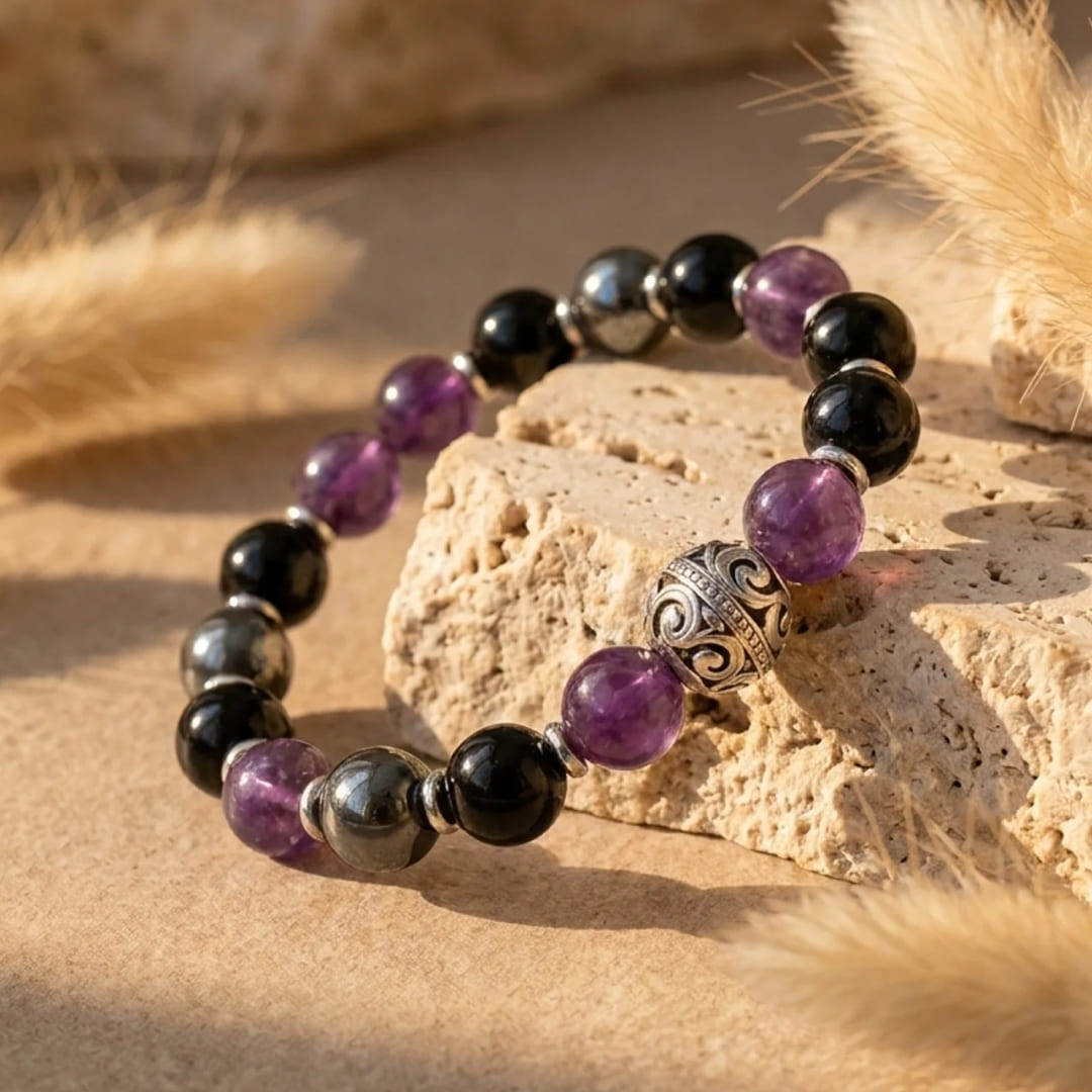 "Protective Bubble" Bracelet - Amethyst, Hematite & Obsidian