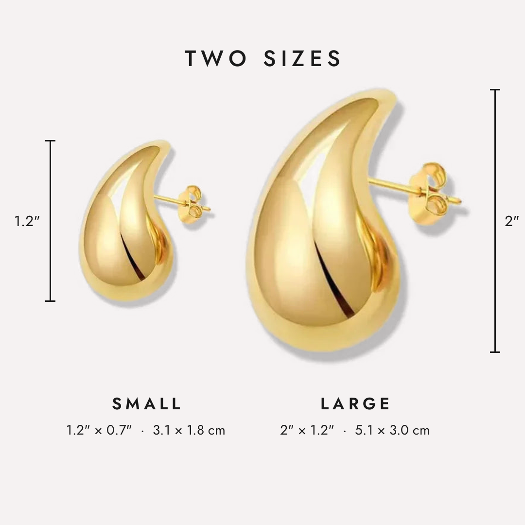 Brina Teardrop Earrings size guide: Small 1.2 in (3.1 cm), Large 2 in (5.1 cm)