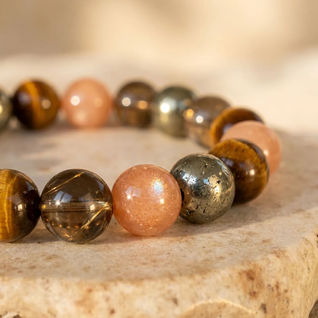 "Solar Energy" Bracelet in Smoky Quartz, Tiger's Eye & Golden Rutilated Quartz