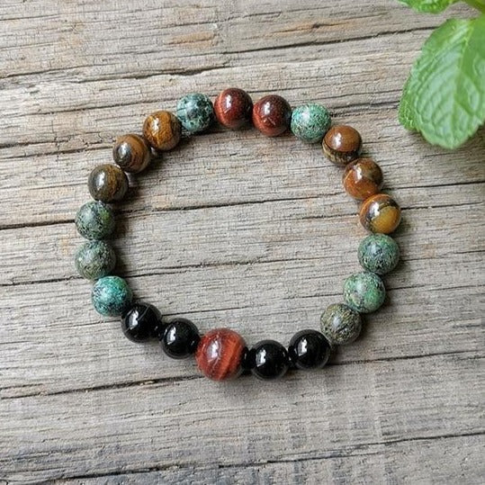 "Protective Energies" Bracelet in Tiger's Eye, Bull's Eye, African Turquoise & Onyx