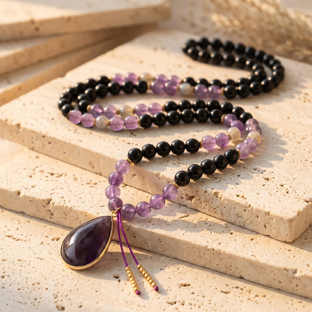 "Inner Guardian" Mala Necklace in Tourmaline, Amethyst & Labradorite