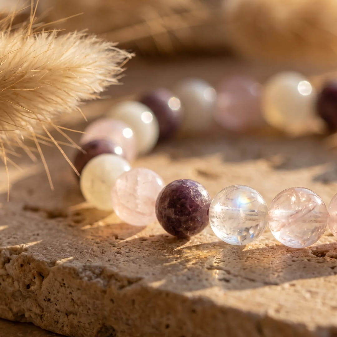 "Celestial Gentleness" Bracelet in Moonstone, Rose Quartz and Lepidolite