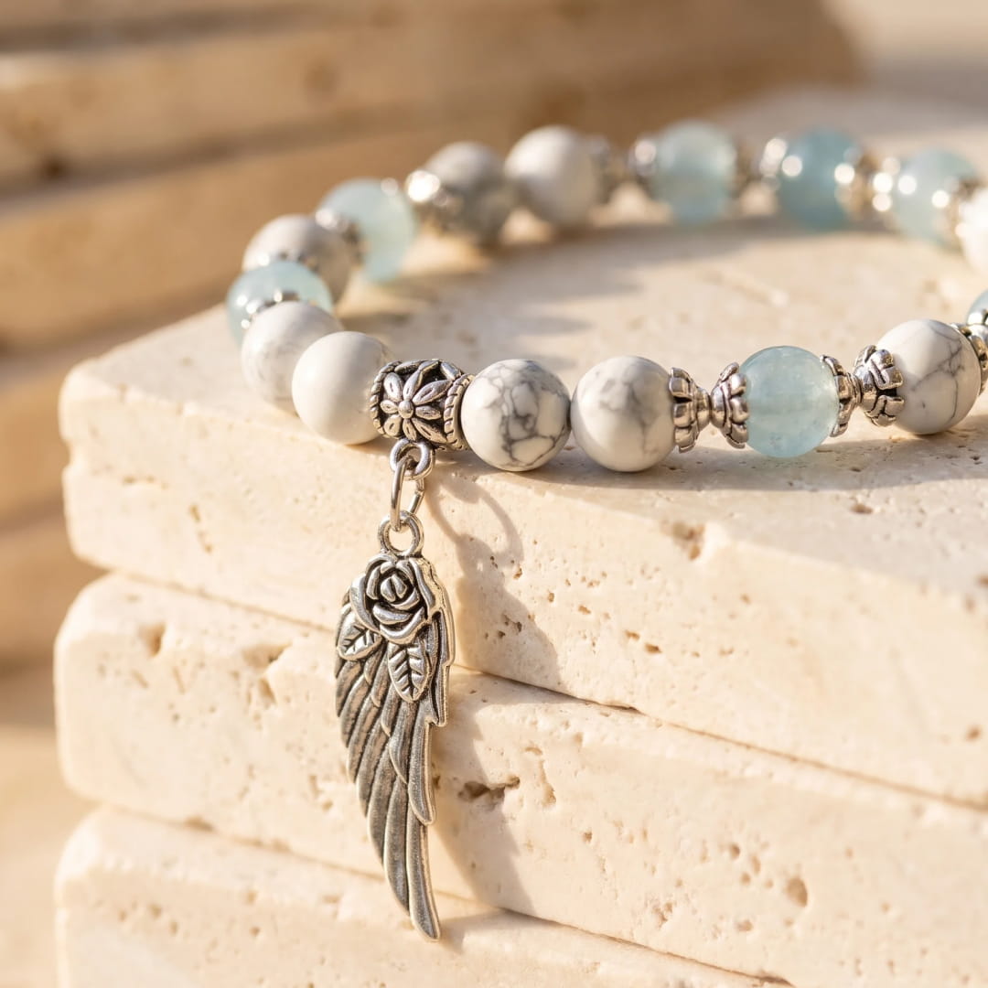 "Light Feather" Bracelet in Howlite & Aquamarine