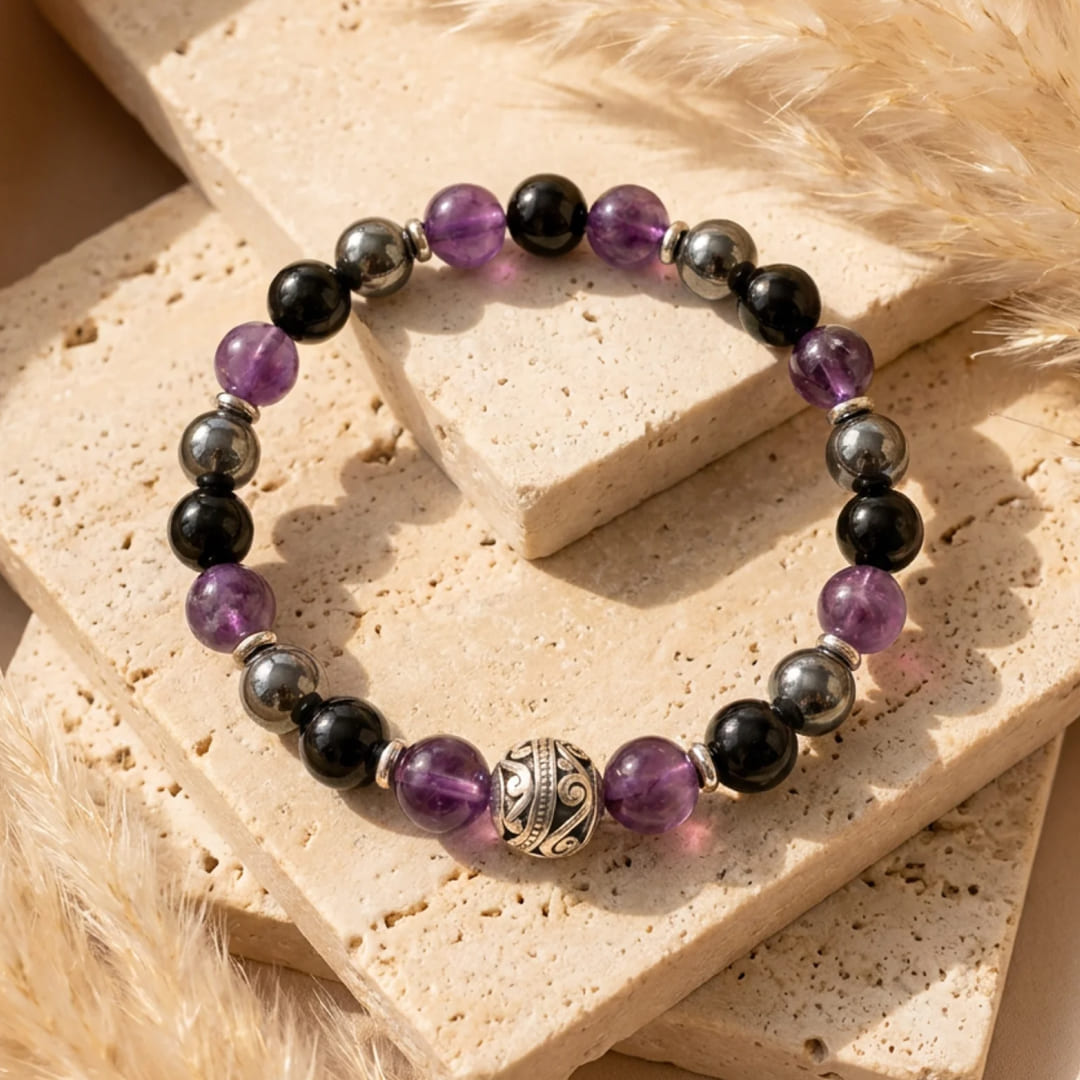 "Protective Bubble" Bracelet - Amethyst, Hematite & Obsidian