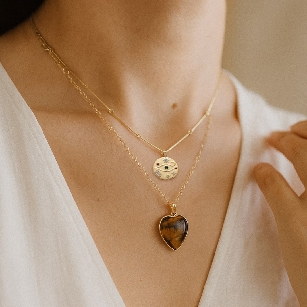 "Protective Heart" Double-Strand Necklace in Tiger's Eye