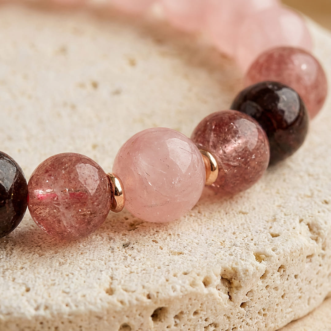 "Infinite Love" Bracelet in Rose Quartz, Garnet & Strawberry Quartz