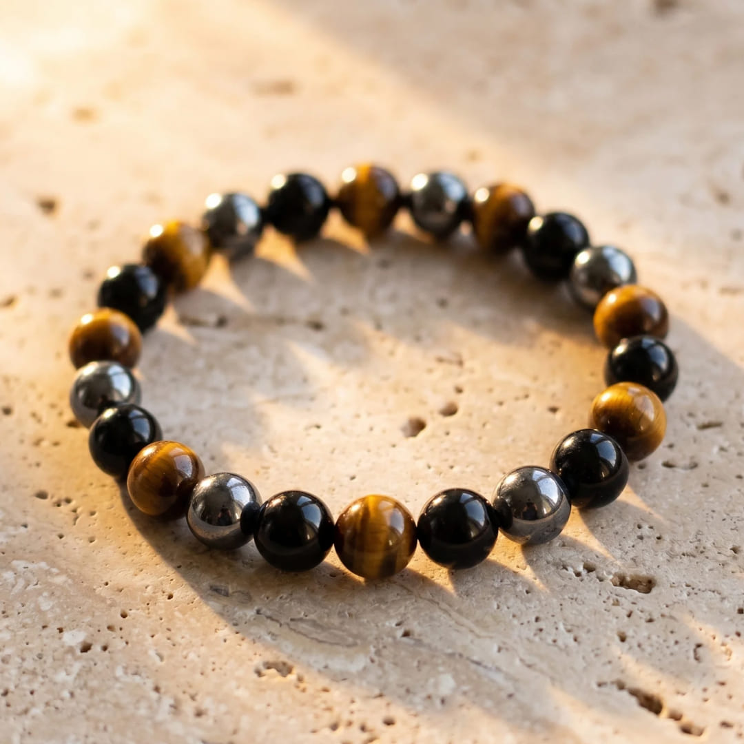 "3 Protections" Bracelet in Tiger's Eye, Hematite & Black Obsidian