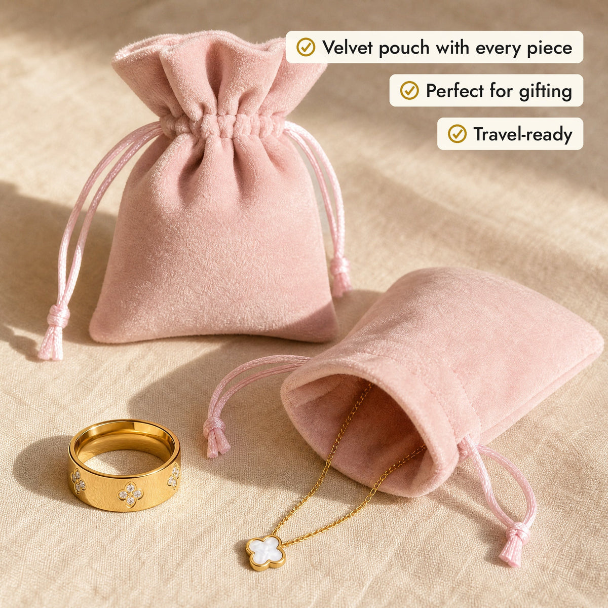 Faye & Rae packaging: velvet jewelry pouch with every piece, perfect for gifting, travel-ready