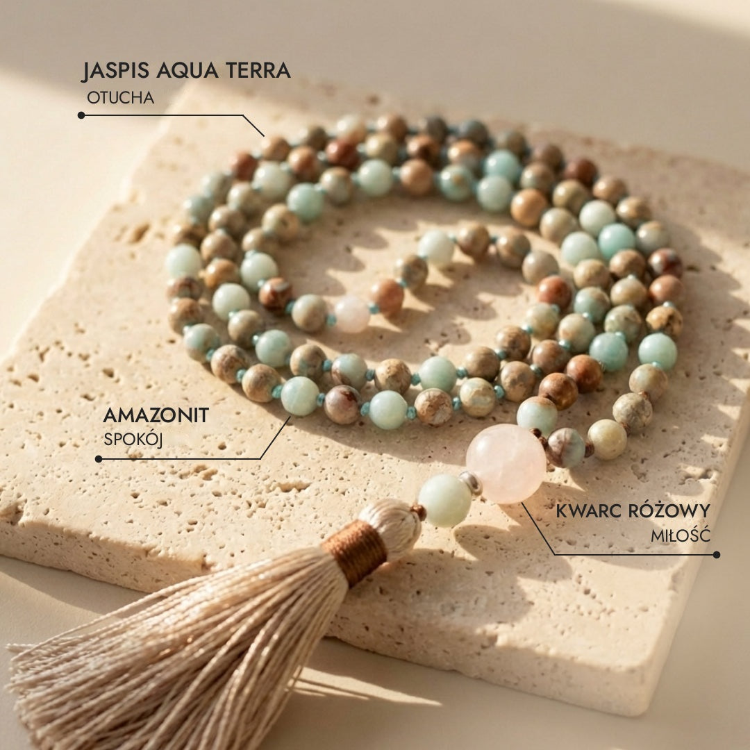 108-Bead Mala Necklace in Aqua Terra Jasper, Amazonite & Rose Quartz