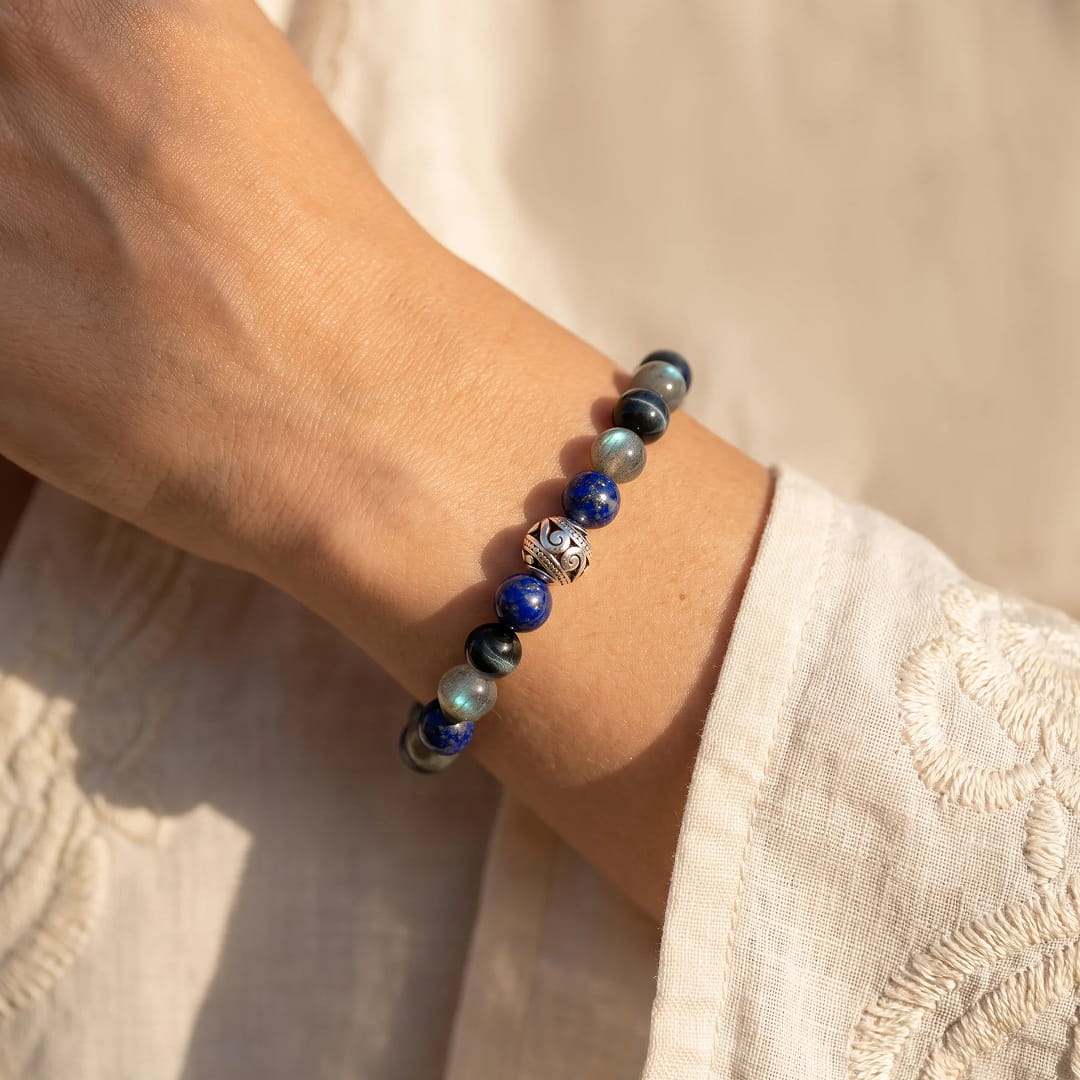 "Inner Compass" Bracelet in Lapis Lazuli, Labradorite & Hawk's Eye