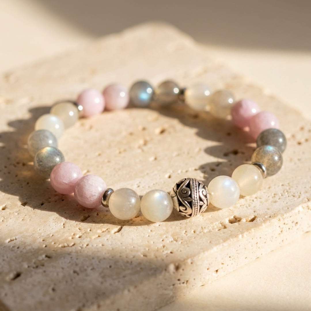 "Feminine Gentleness" Bracelet in Labradorite, Moonstone & Kunzite