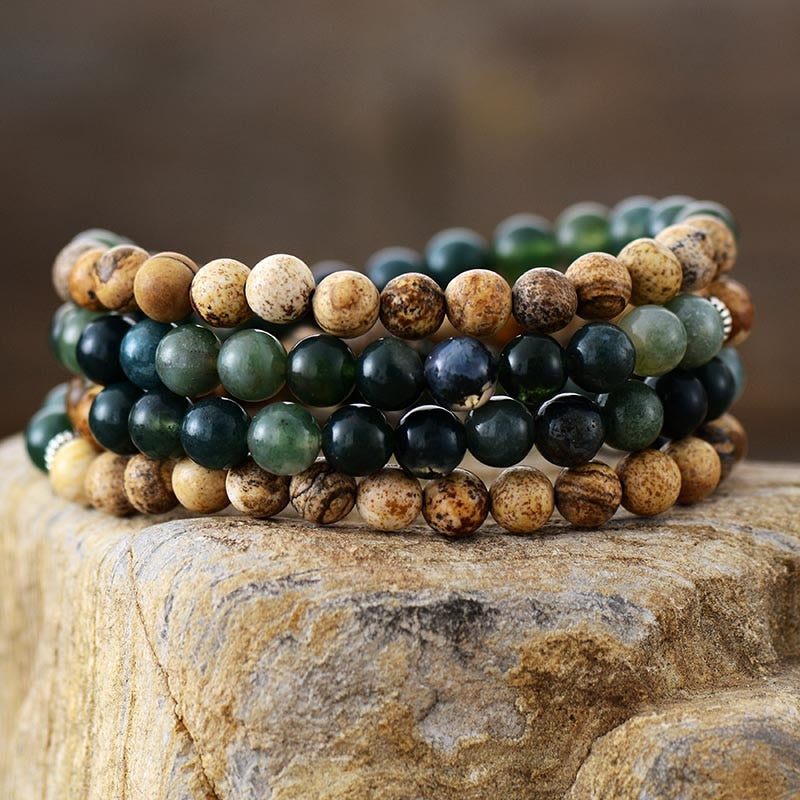 "Gaia" Mala Bracelet in Moss Agate & Picture Jasper