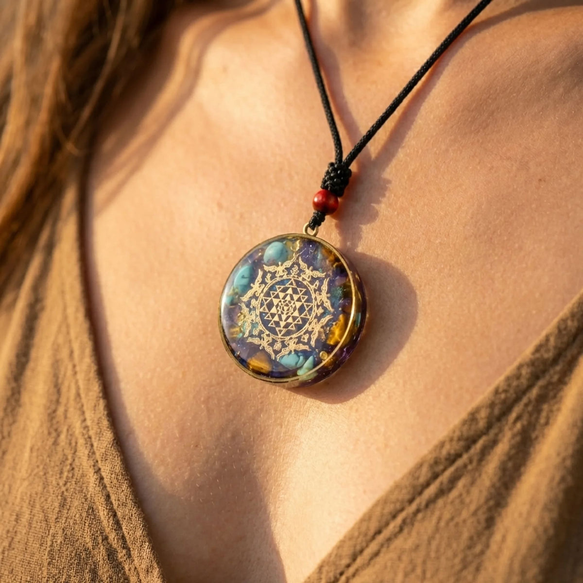 "Golden Geometry" Orgonite Pendant in Turquoise & Tiger's Eye