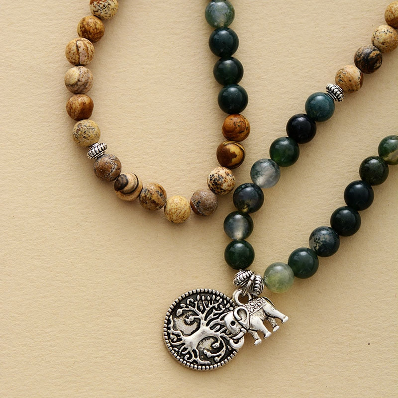 "Gaia" Mala Bracelet in Moss Agate & Picture Jasper