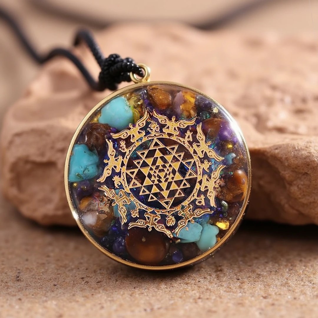 "Golden Geometry" Orgonite Pendant in Turquoise & Tiger's Eye