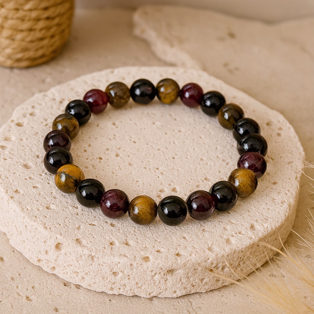 "Success & Protection" Bracelet in Tiger's Eye, Garnet, Tourmaline & Smoky Quartz