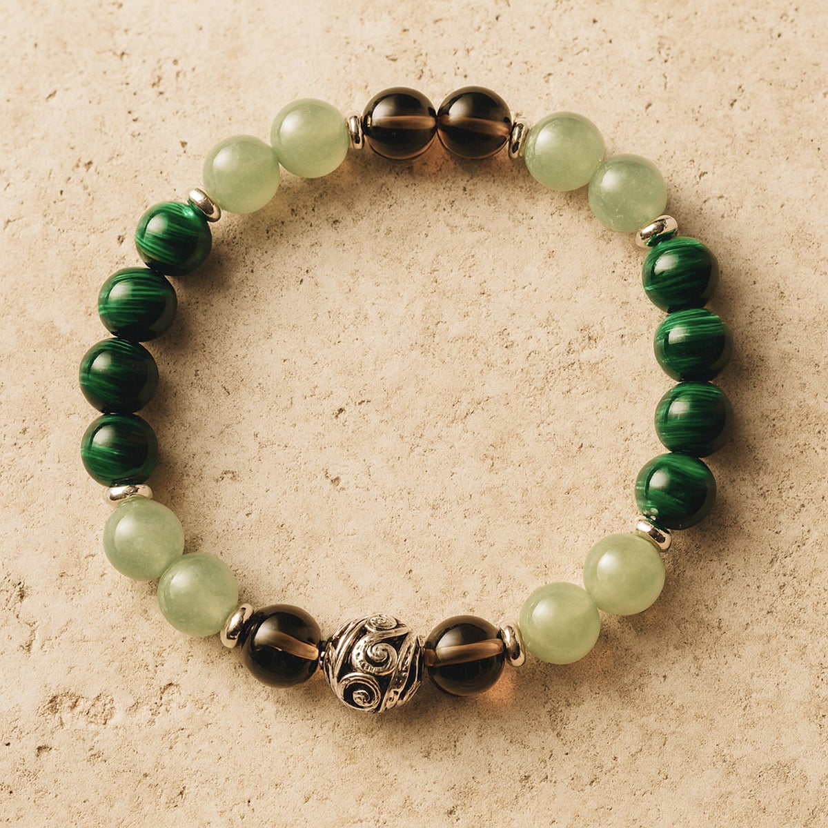 "Luck & Protection" Bracelet in Aventurine, Malachite & Smoky Quartz