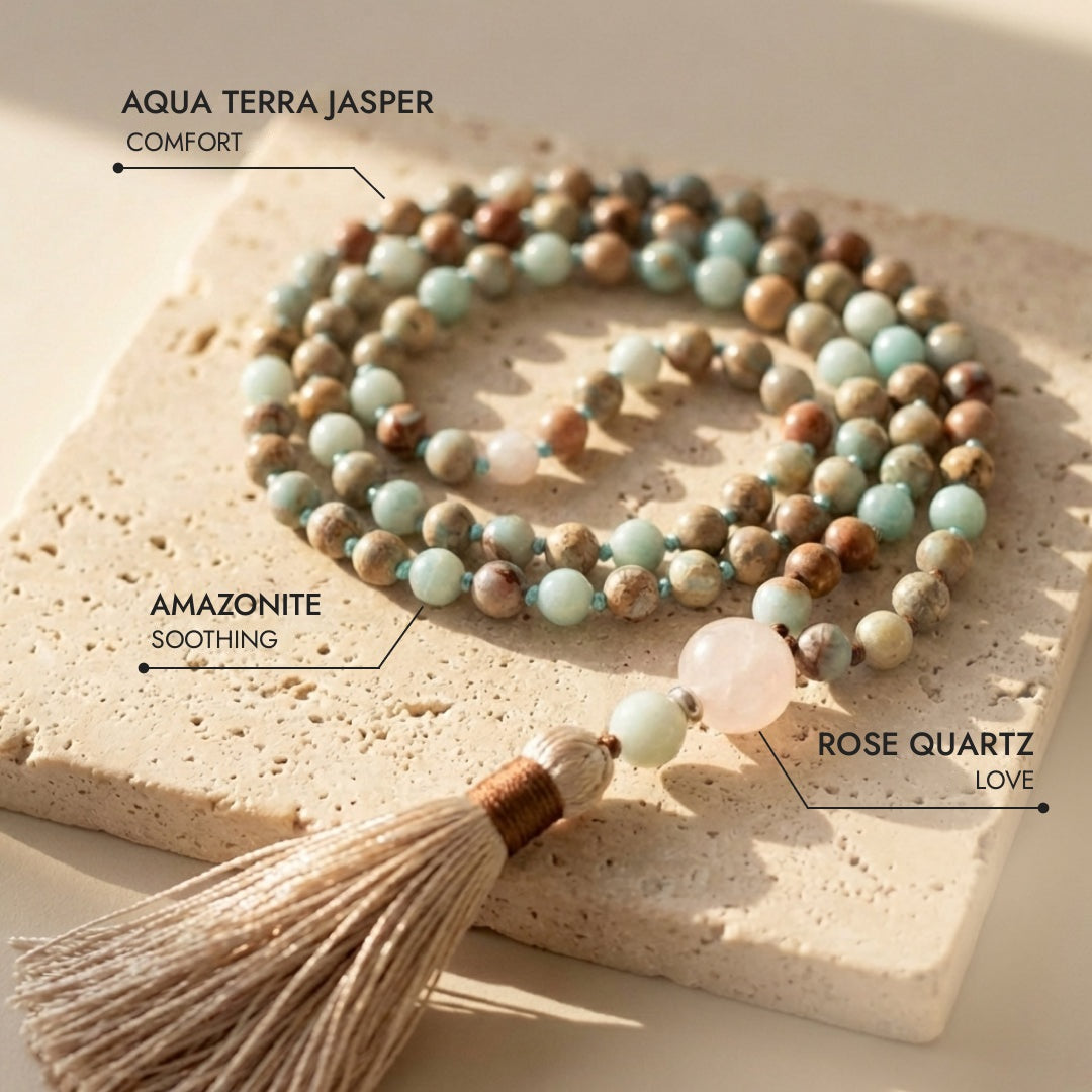 108-Bead Mala Necklace in Aqua Terra Jasper, Amazonite & Rose Quartz