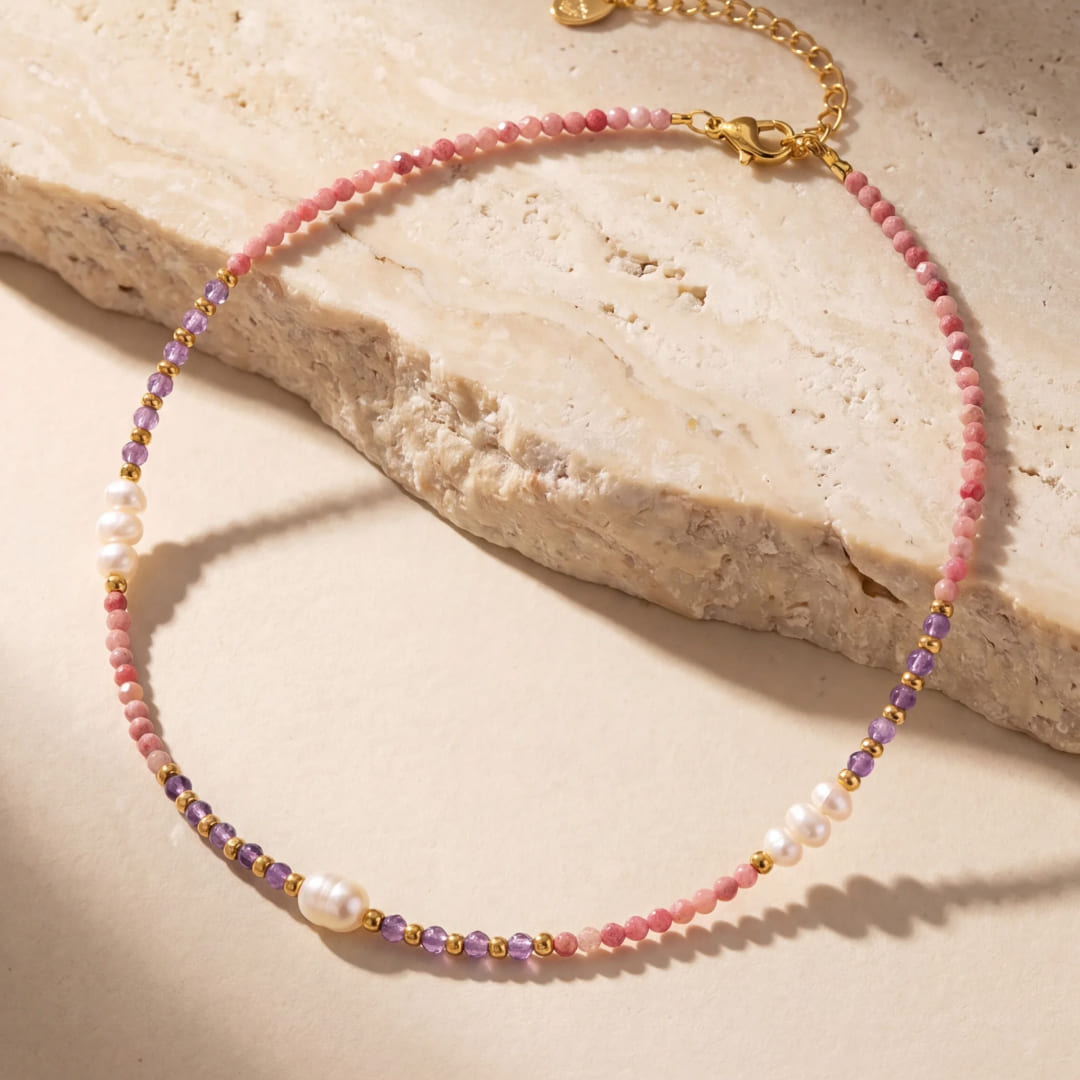 "Sparkle of Serenity" Necklace in Rhodonite, Amethyst & Freshwater Pearls