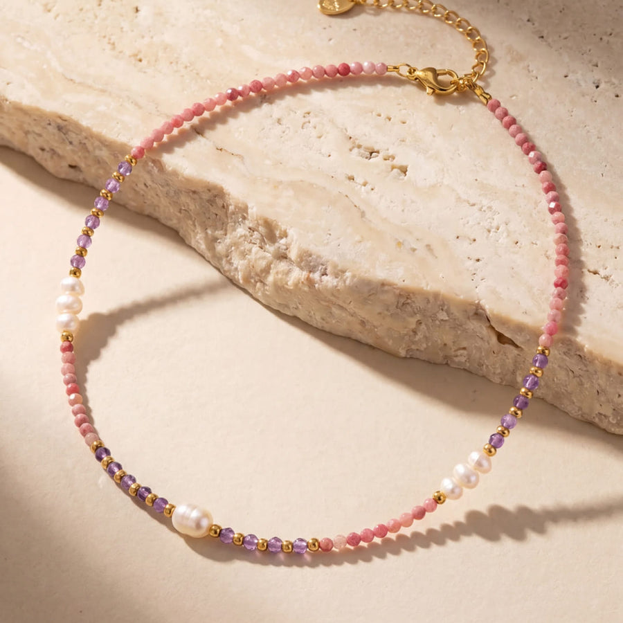 "Sparkle of Serenity" Necklace in Rhodonite, Amethyst & Freshwater Pearls