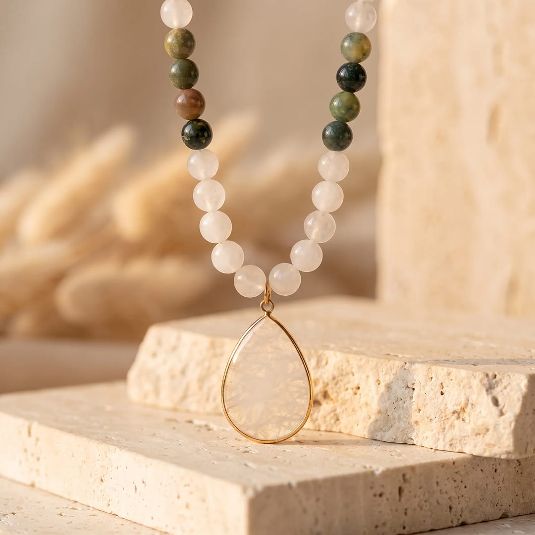 "Path of Light" Mala Necklace in Indian Agate & White Quartz