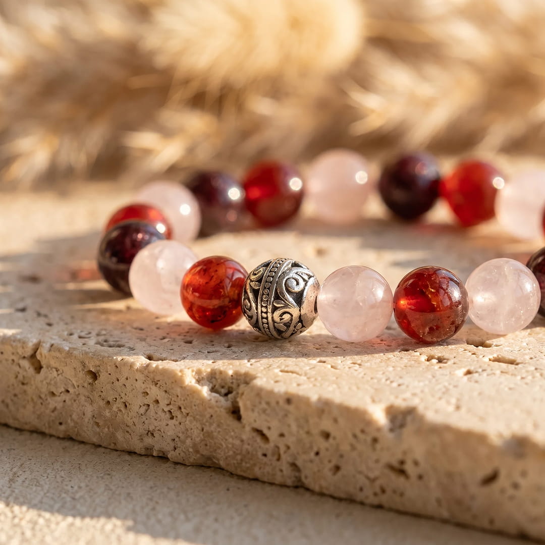 "Strength of the Heart" Premium Bracelet in Garnet, Rose Quartz & Carnelian