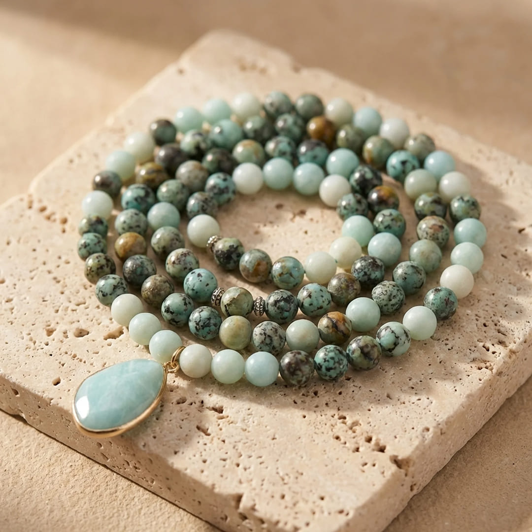 "Return to the Essential" Mala Necklace in Amazonite & African Turquoise
