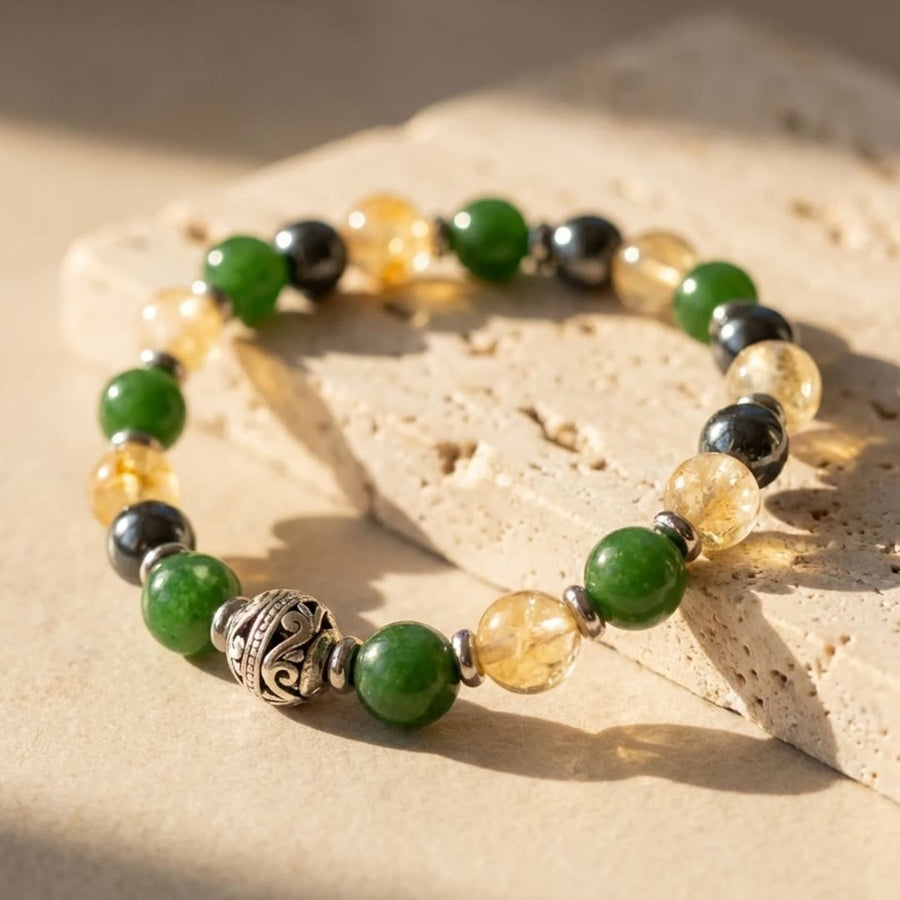 "Symbols of Luck" Bracelet in Jade, Citrine & Hematite