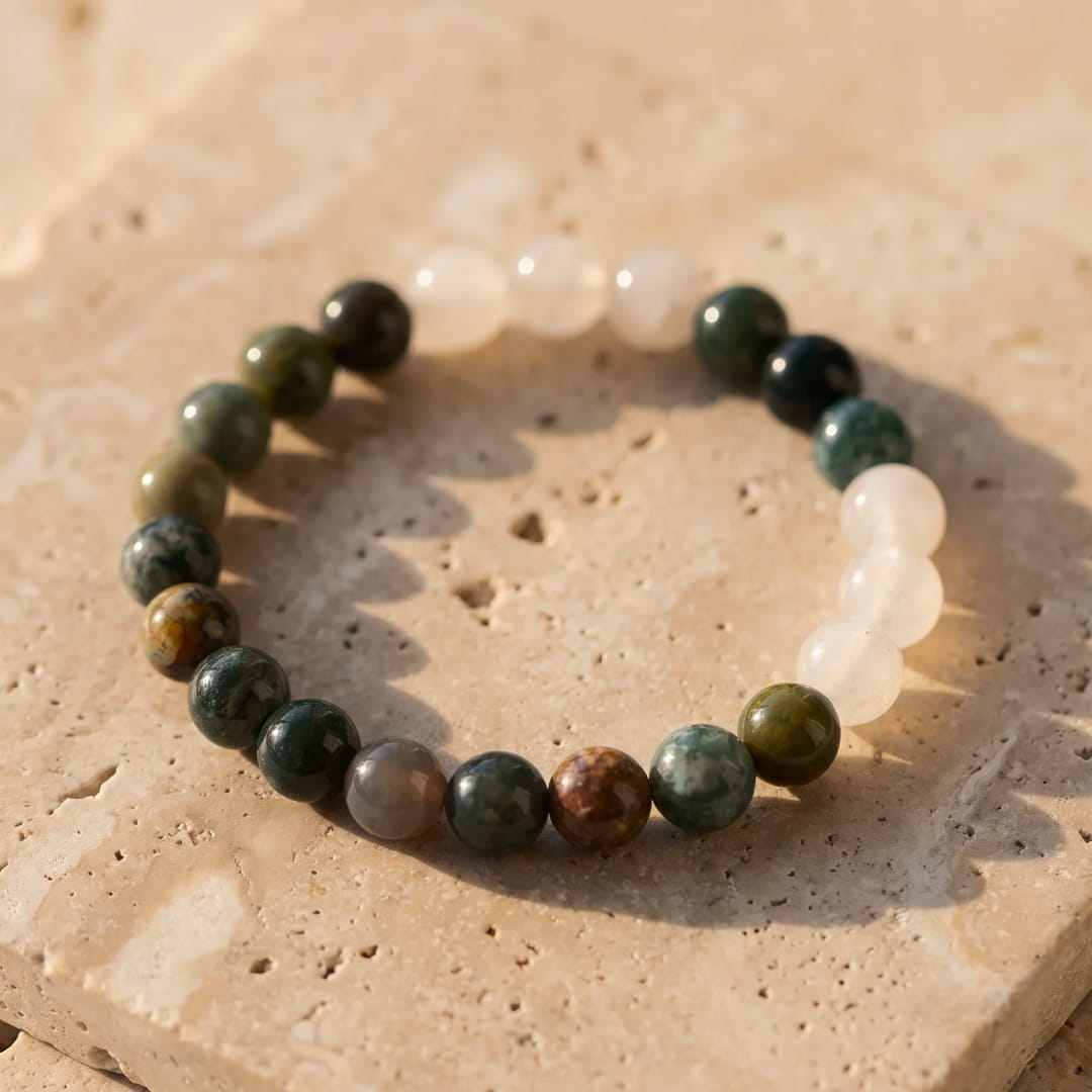 "Path of Light" Mala Necklace in Indian Agate & White Quartz