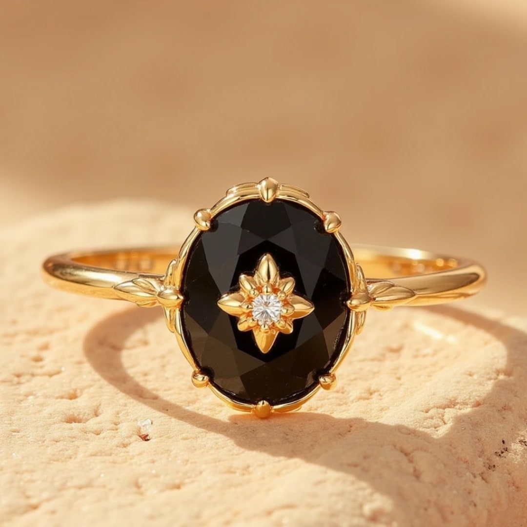 "Nocturnal Charm" Adjustable Ring in Black Agate