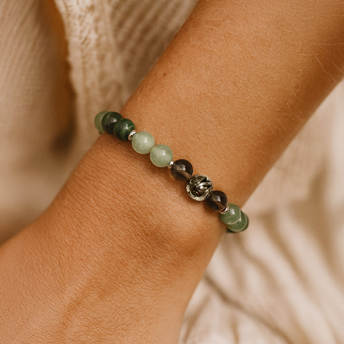 "Luck & Protection" Bracelet in Aventurine, Malachite & Smoky Quartz