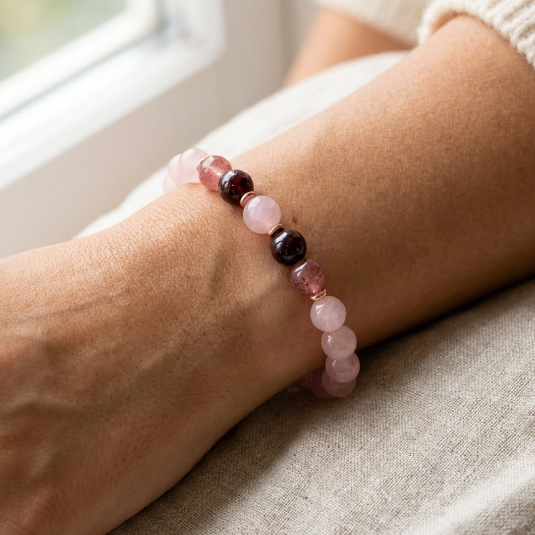"Infinite Love" Bracelet in Rose Quartz, Garnet & Strawberry Quartz