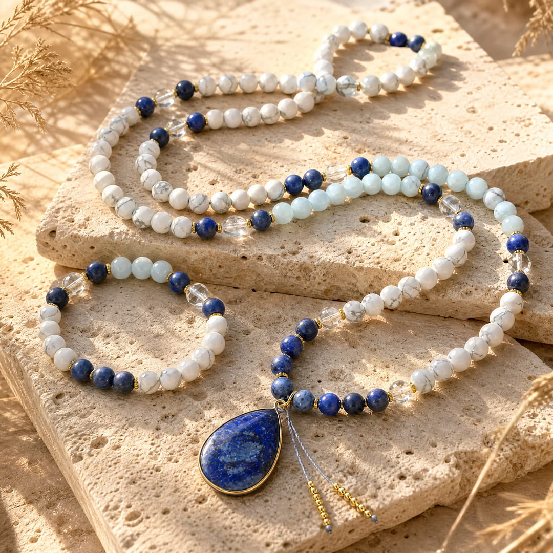 "Blue Serenity" Mala Necklace in Lapis Lazuli, Aquamarine & Howlite