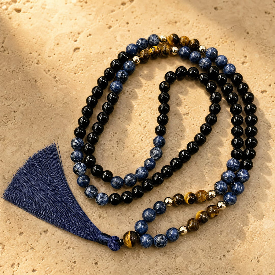 Mala Necklace in Sodalite, Tiger's Eye & Black Onyx