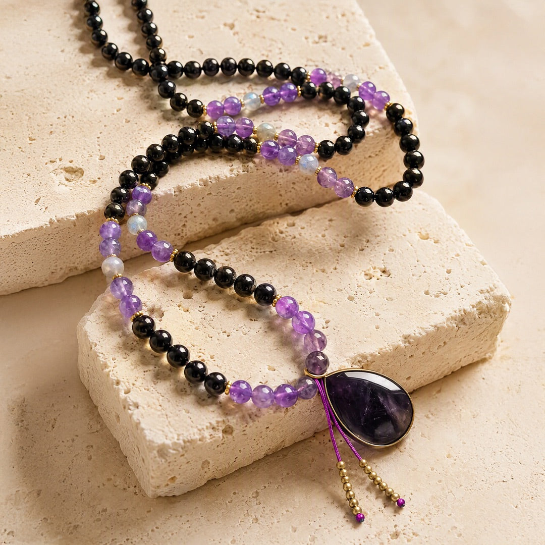 "Inner Guardian" Mala Necklace in Tourmaline, Amethyst & Labradorite
