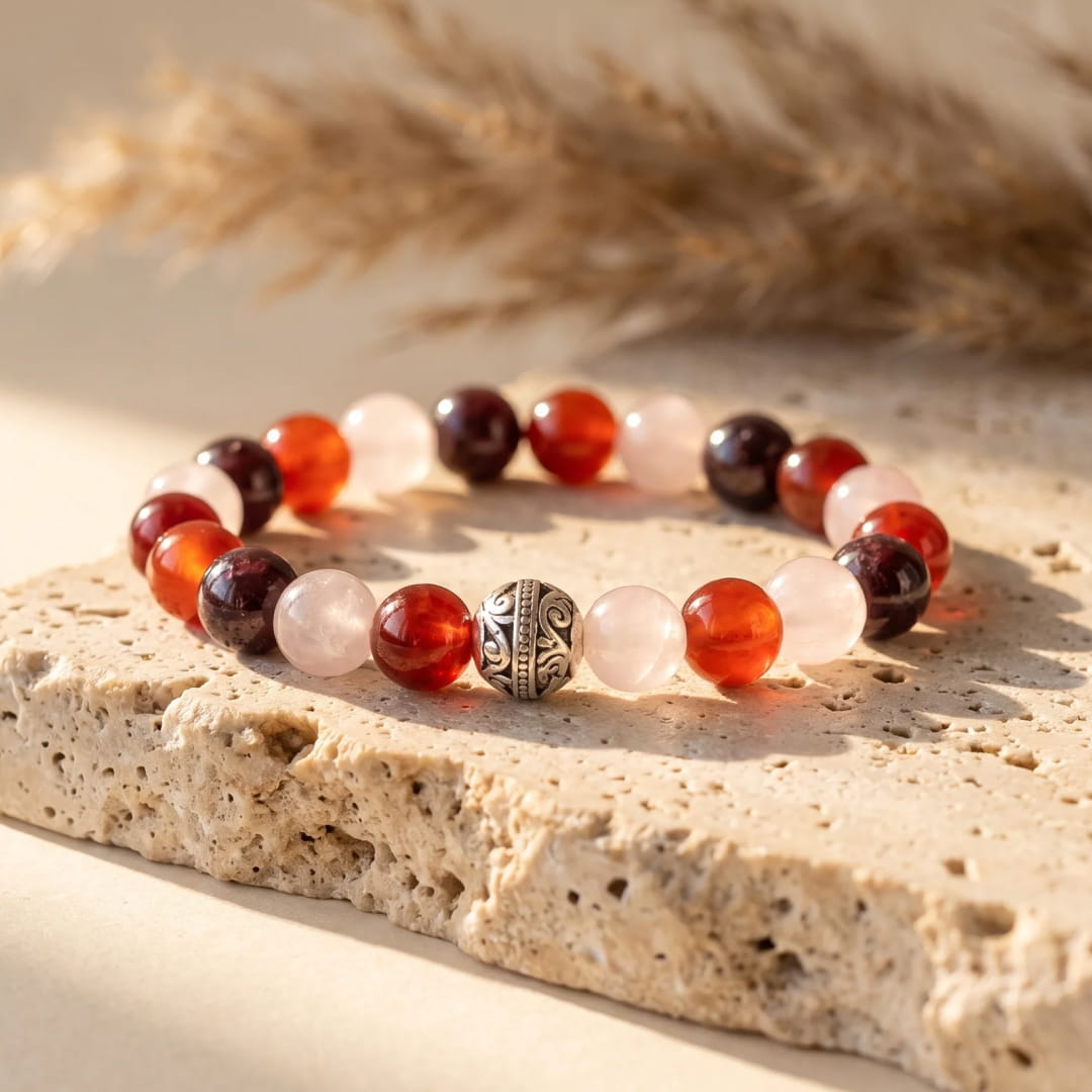 "Strength of the Heart" Premium Bracelet in Garnet, Rose Quartz & Carnelian