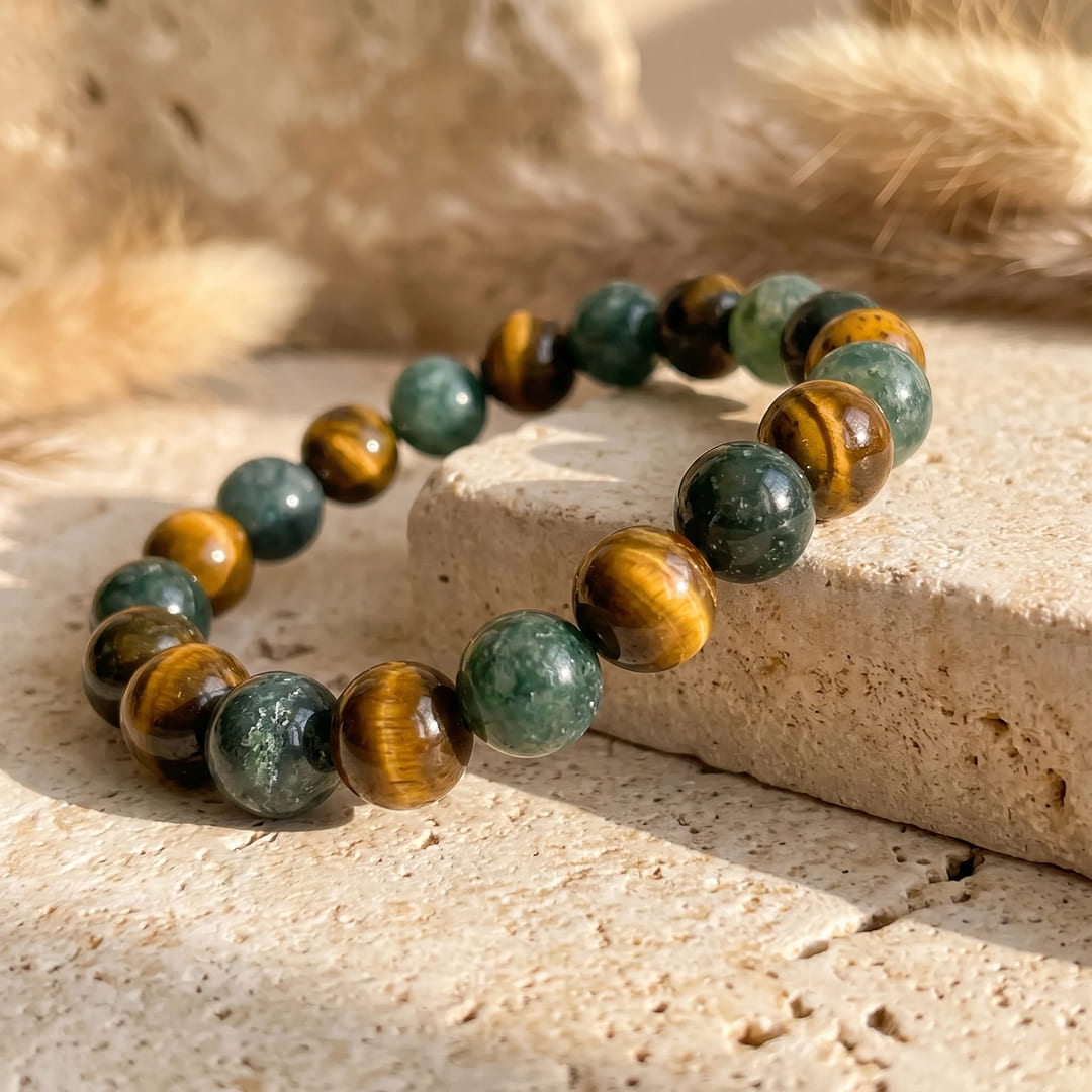 "Balance & Protection" Bracelet in Tiger's Eye & Moss Agate