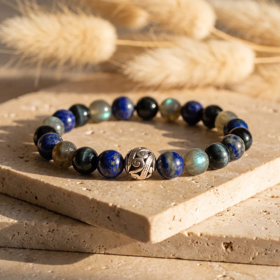 "Inner Compass" Bracelet in Lapis Lazuli, Labradorite & Hawk's Eye