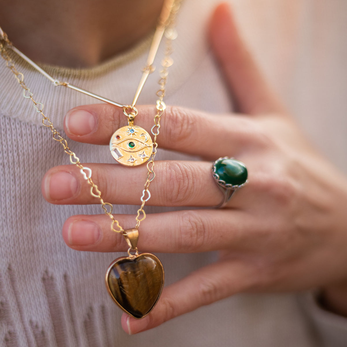 "Protective Heart" Double-Strand Necklace in Tiger's Eye